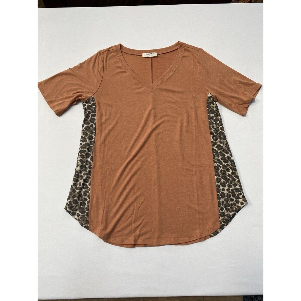 Zenana Women L Rust V-Neck Leopard Side Panel Short Sleeve Tee Shirt